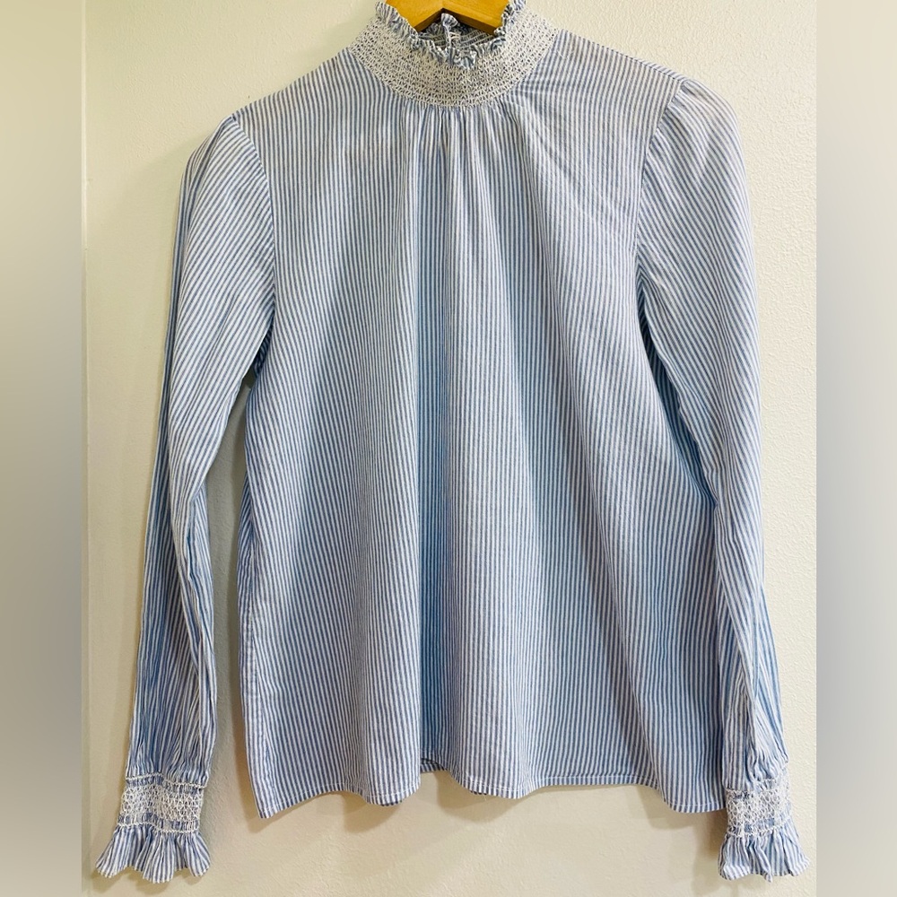 Sezane Blue and White Pinstripe Smocked Neck Blouse - Picture 3 of 9